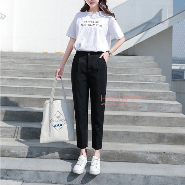 Quần tây baggy nữ đi học cạp lưng cao vải màu đen dáng dài ống thẳng đứng cho học sinh - Mặc đi học đi làm công sở xinh