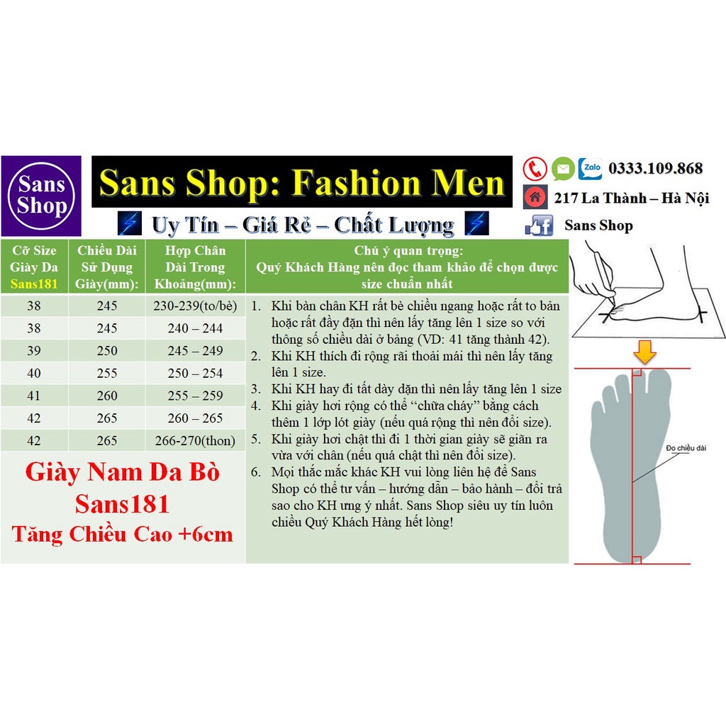 Giày tây da bò thật tăng chiều cao 6cm Sans181 giầy công sở nam lười âu dập vân cá sấu độn đế nâng gót chú rể mặc vest