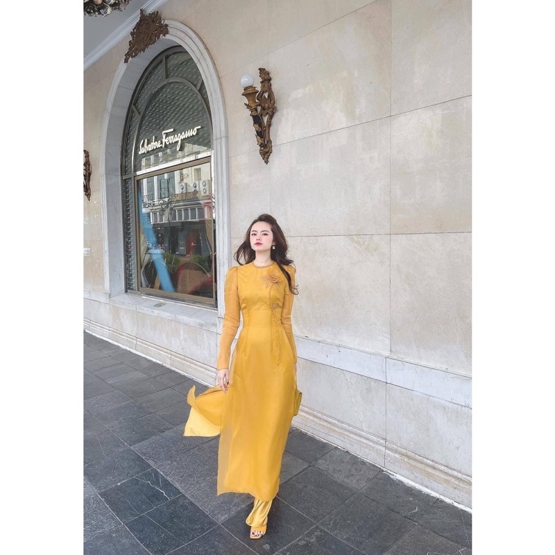 Áo dài tơ 4 tà màu vàng siêu xinh_TETCO Áo dài thiết kế cao cấp Nhã Phương