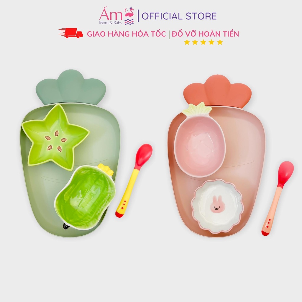 Bộ Bát Ăn Dặm Cho Bé Hình Carot Ấm Baby Gốm Sứ Cao Cấp Kiểu Nhật Ấm Gift Decor