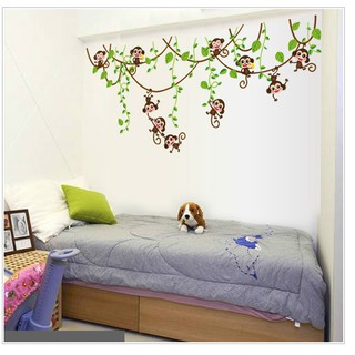 Hình dán tường Khỉ con đu dây trang trí phòng cho bé - decal có keo sẵn dễ dàng bóc dán tại nhà