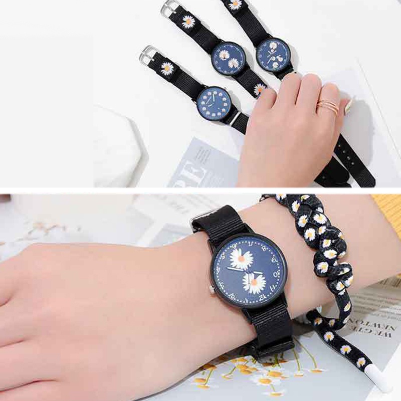 Đồng Hồ Đeo Tay Dây Vải Canvas In Hình Hoa Cúc Thời Trang Cho Nữ Sinh