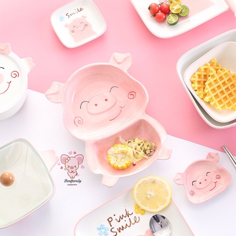 Bát Ăn Dặm Hình Heo, Khay Gốm Sứ Hình Heo Hồng Siêu Cute Beofamily