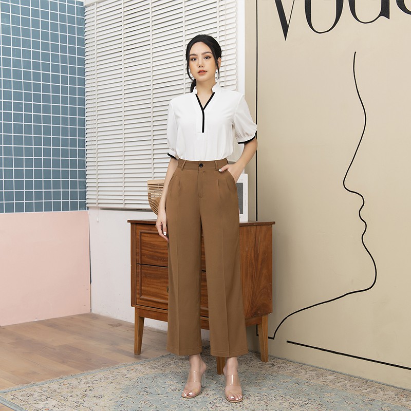 Áo sơ mi trắng nữ kiểu cổ V Chunxuu, thiết kế tay ngắn phối màu thanh lịch chất lụa cao cấp chống nhăn - SP18