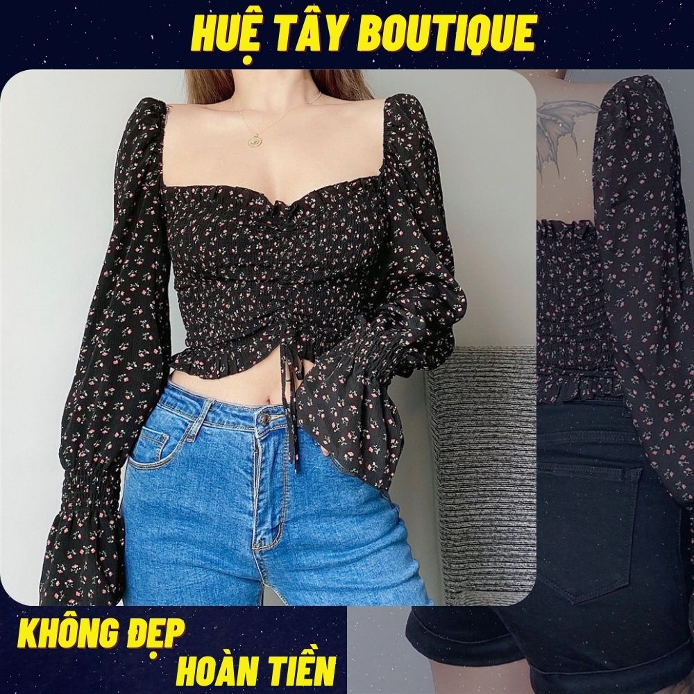 [Mã FAMARAL1 giảm 10K đơn 50K] Áo kiểu nữ, áo nữ hoa nhí đen tay dài đủ size S M L Newtrend SKUA-22