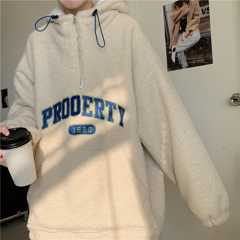 Áo hoodie phối zip chữ thêu chất lông cừu dày dặn