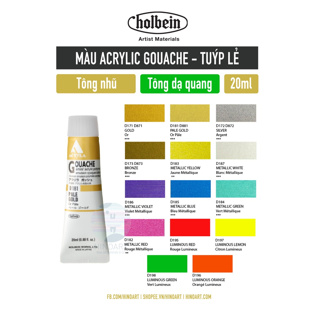 Màu vẽ Acrylic Gouache Holbein tuýp 20ml