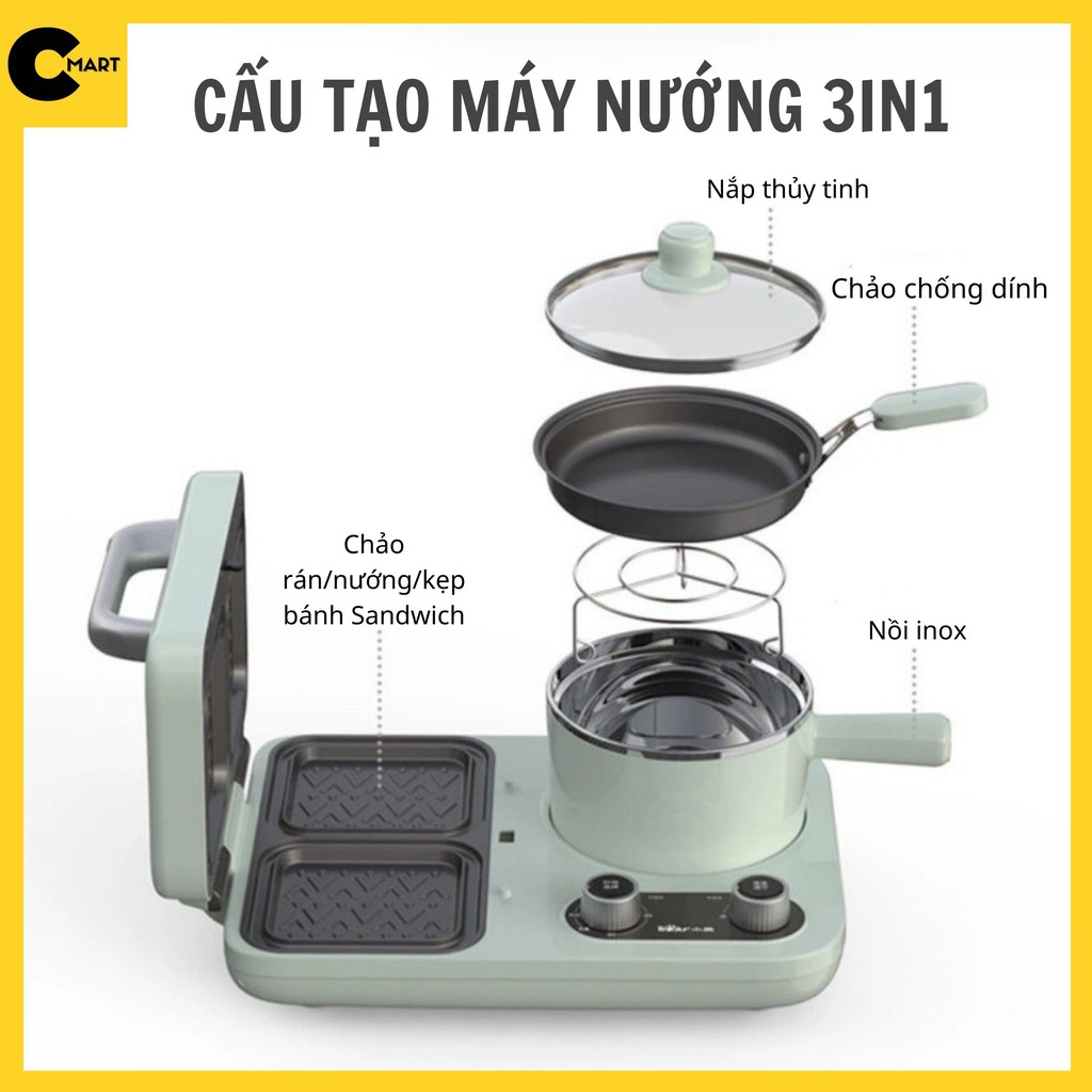Bếp Điện Đa Năng 3in1 Nướng Bánh Mỳ, Chiên, Xào BEAR DSL-A13F1