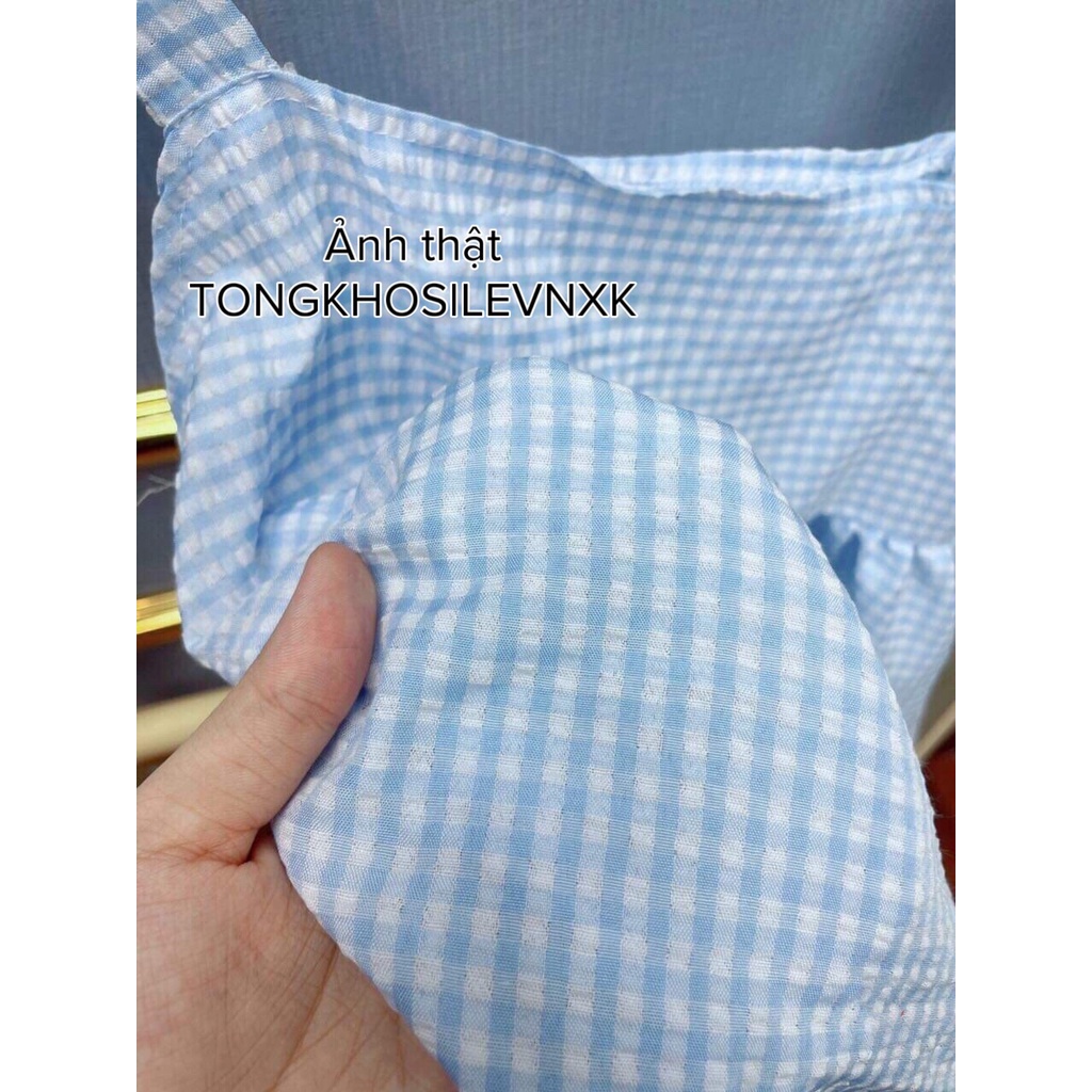 Set Áo Babydoll 2 Dây Buộc Nơ Caro Kẻ Xanh Kèm Quần Trắng Forgirl - SET ÁO 2S KẺ Xanh Xốp + Quần Sooc Đùi Trắng