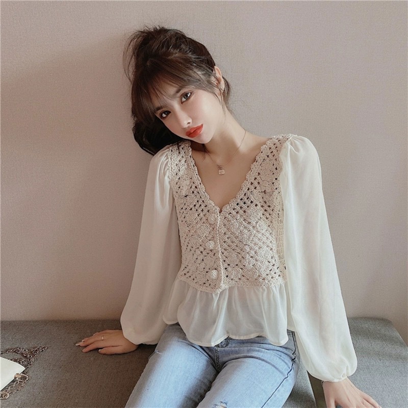 Áo Peplum Dệt Kim Tay Dài Phồng Cổ Chữ V Phối Bèo Thời Trang Cho Nữ