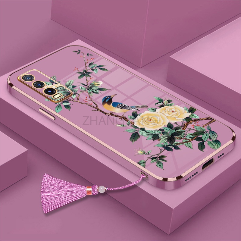 ốp lưng vivo y20i y20s y12s y20 Vỏ điện thoại di động TPU hoa văn chim và hoa được mạ điện có dây buộc tua