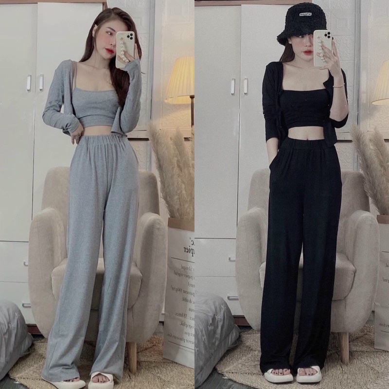 SÉT BỘ QC 3 MÓN ÁO KHOÁC TAY DÀI QUẦN ỐNG SUÔNG KÈM ÁO TRONG Y HÌNH