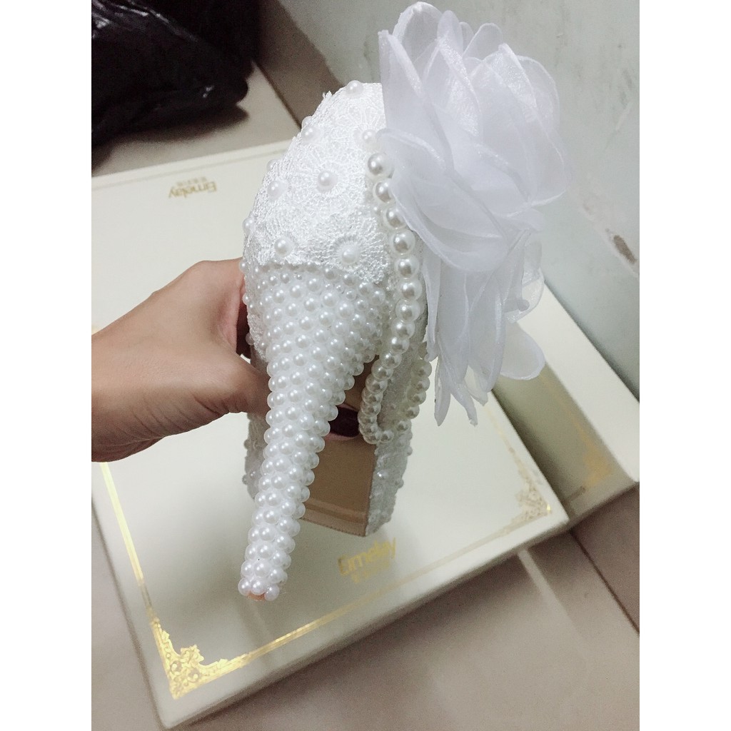 6804 GIÀY CƯỚI NƠ HÔNG TRẮNG 13CM