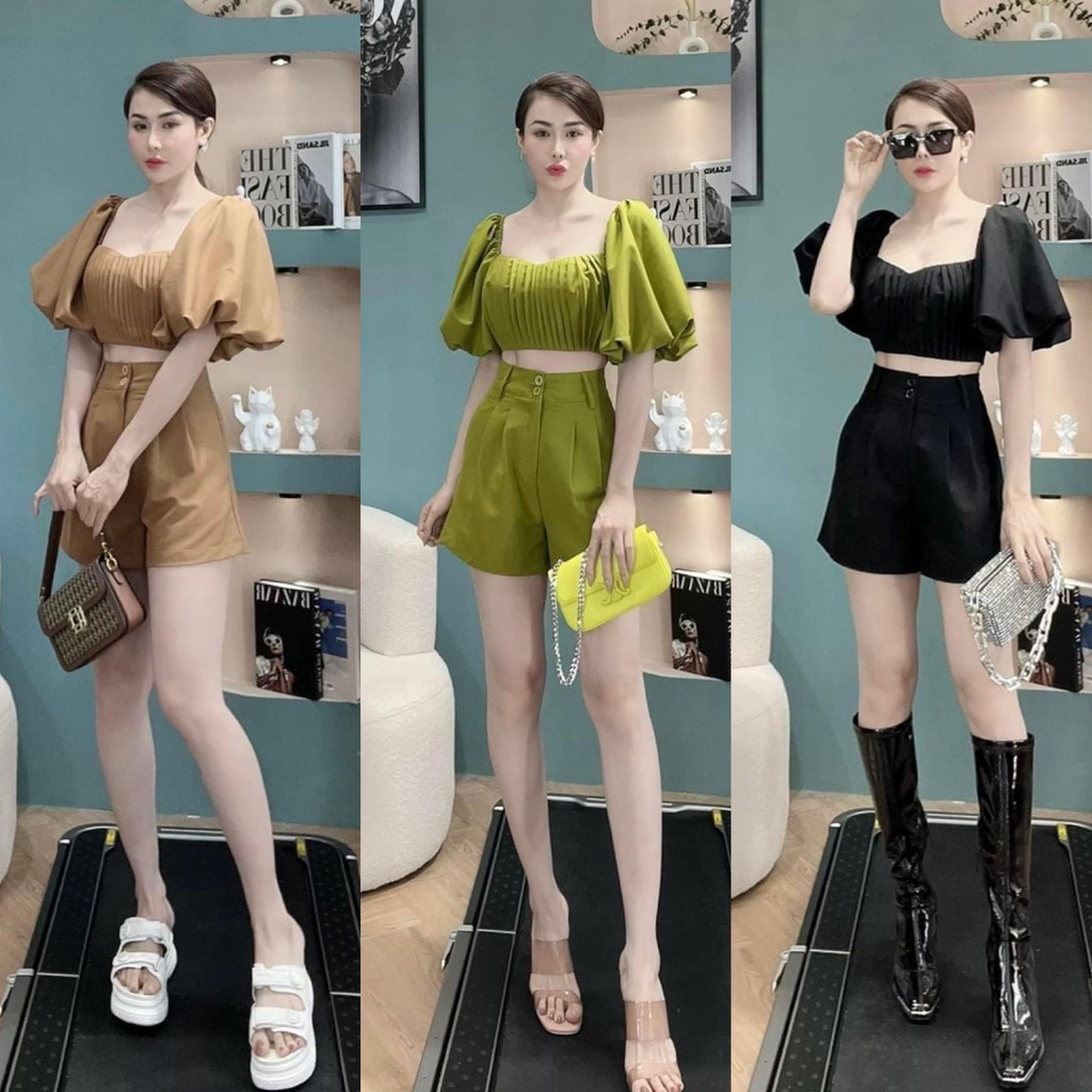 Sét Bộ Đồ Nữ gkm_fashion_68 mtb Áo Croptop Tay Phồng và Quần Đùi Ống Rộng 3 Màu Nổi Bật Tôn Da Mẫu Mới