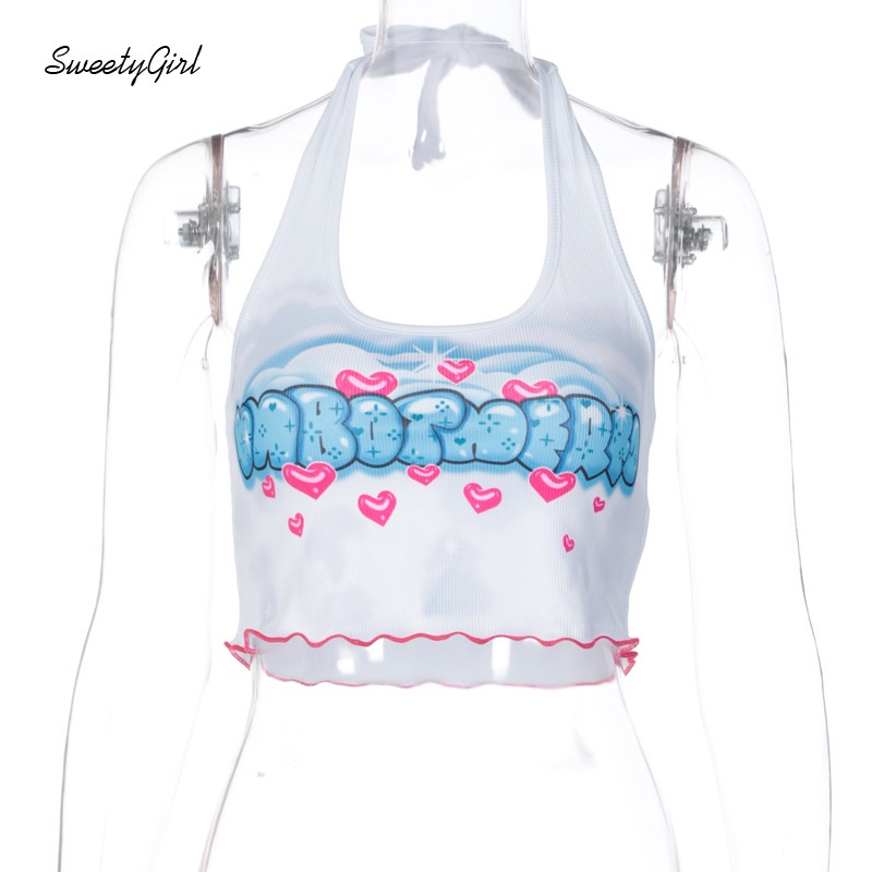 Áo Tank Top Cổ Tròn Ôm Dáng In Họa Tiết Hoạt Hình / Trái Tim Xinh Xắn Cho Nữ