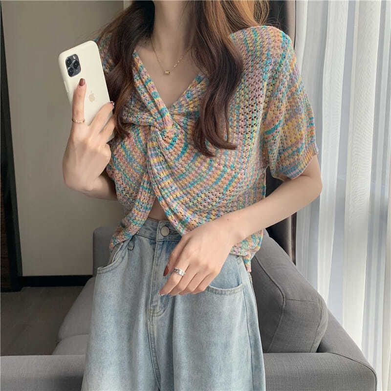 áo croptop nữ Áo Len NgắN Tay Cổ Chữ v Phong CáCh HàN QuốC 2022 Cho Nữ JL-TX-188