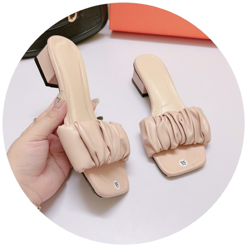 Guốc cao gót quai ngang bèo nhúm gót vuông 4 cm