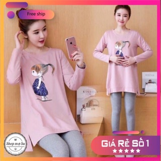 [ Freeship] Áo Bầu Dài Tay In Hình Bé Gái, Chất COTTON Đẹp Mịn