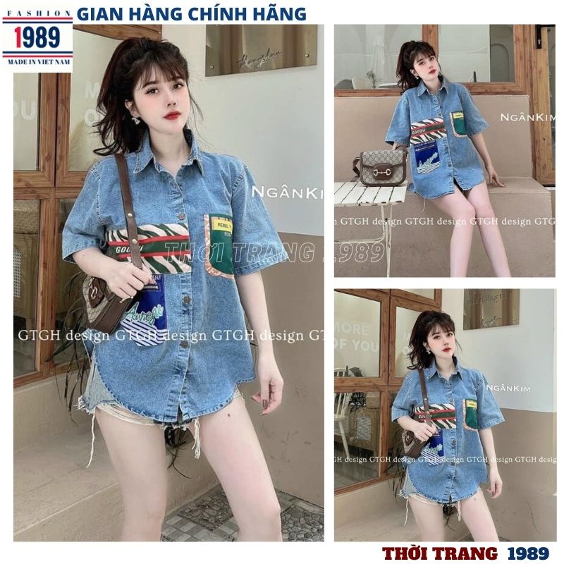 Áo sơ mi jeans bò kiểu dáng hàn quốc in hình ngộ nghĩnh kute dễ thương ,form rộng dấu quần tiểu thư ulzzang -PHƯƠNG 1989