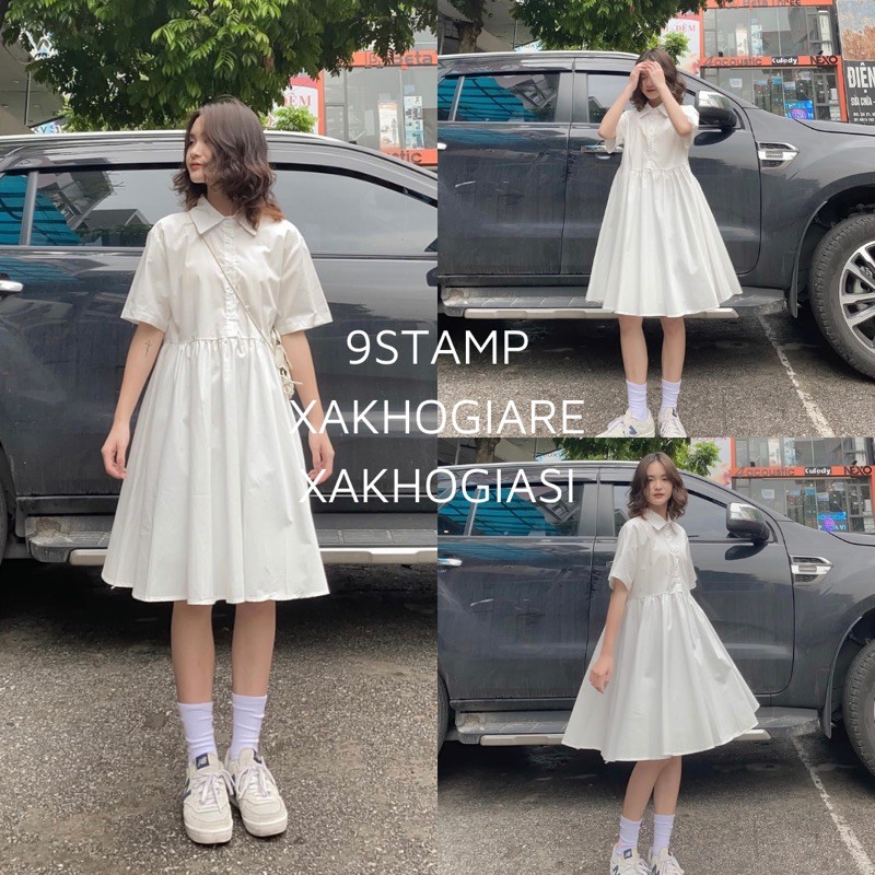 (CLIP THẬT) Đầm babydoll trắng cổ sơ mi dáng xòe