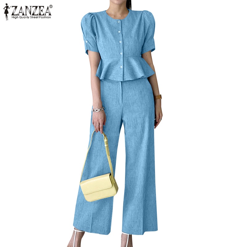 Zanzea Bộ Áo Ngắn Tay Cổ Tròn Phối Bèo + Quần Dài Lưng Thun Ống Đứng Thời Trang Cho Nữ