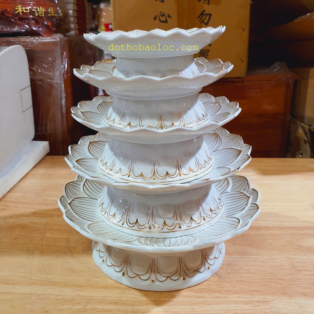 Đĩa bạch ngọc sứ trắng cao cấp hình hoa sen nổi 5 cỡ đường kính: 15cm, 17cm, 19.5cm, 22cm, 25cm