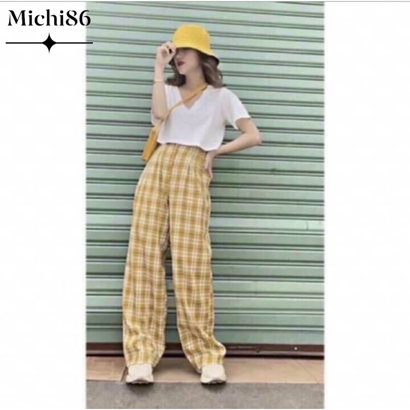 Quần ống rộng nữ kẻ caro cạp lưng cao hách dáng Michi