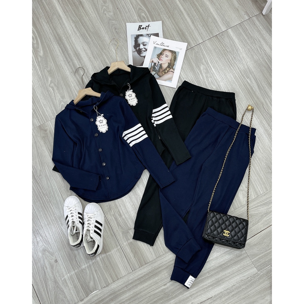 Bộ len thụng mũ vạt bầu mix quần jogger sọc thể thao đồ bộ nữ thu đông