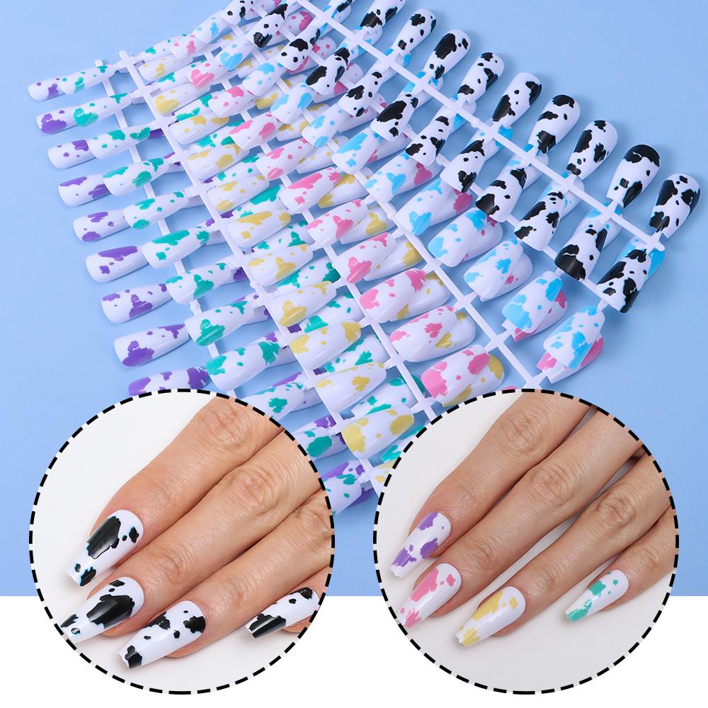 Hộp 24 Móng Tay Giả Che Phủ Toàn Diện Tháo Rời Được In Họa Tiết Da Báo / Bò Sữa