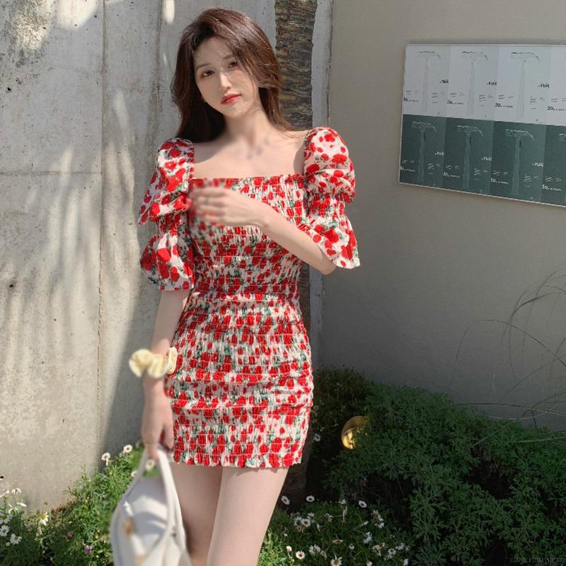 Đầm Hoa Tay Phồng Cổ Vuông Dáng Ôm Kiểu Retro Pháp Thời Trang Mùa Hè Cho Nữ