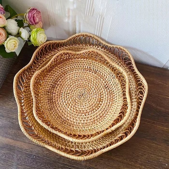 Khay mây Vintage hình hoa sen bộ 2 cái dùng để đựng bánh, đồ ăn, quả, bánh kẹo, decor - Hàng xuất Nhật
