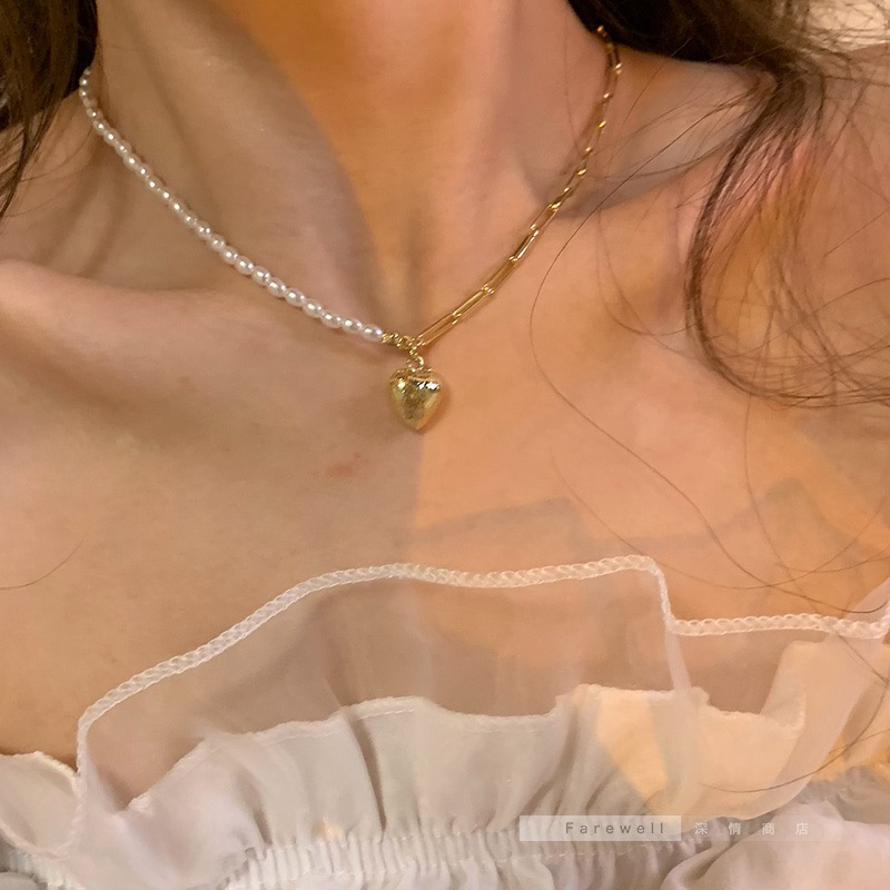 Vòng cổ mạ vàng 14K trái tim nối ngọc trai nước ngọt đơn giản