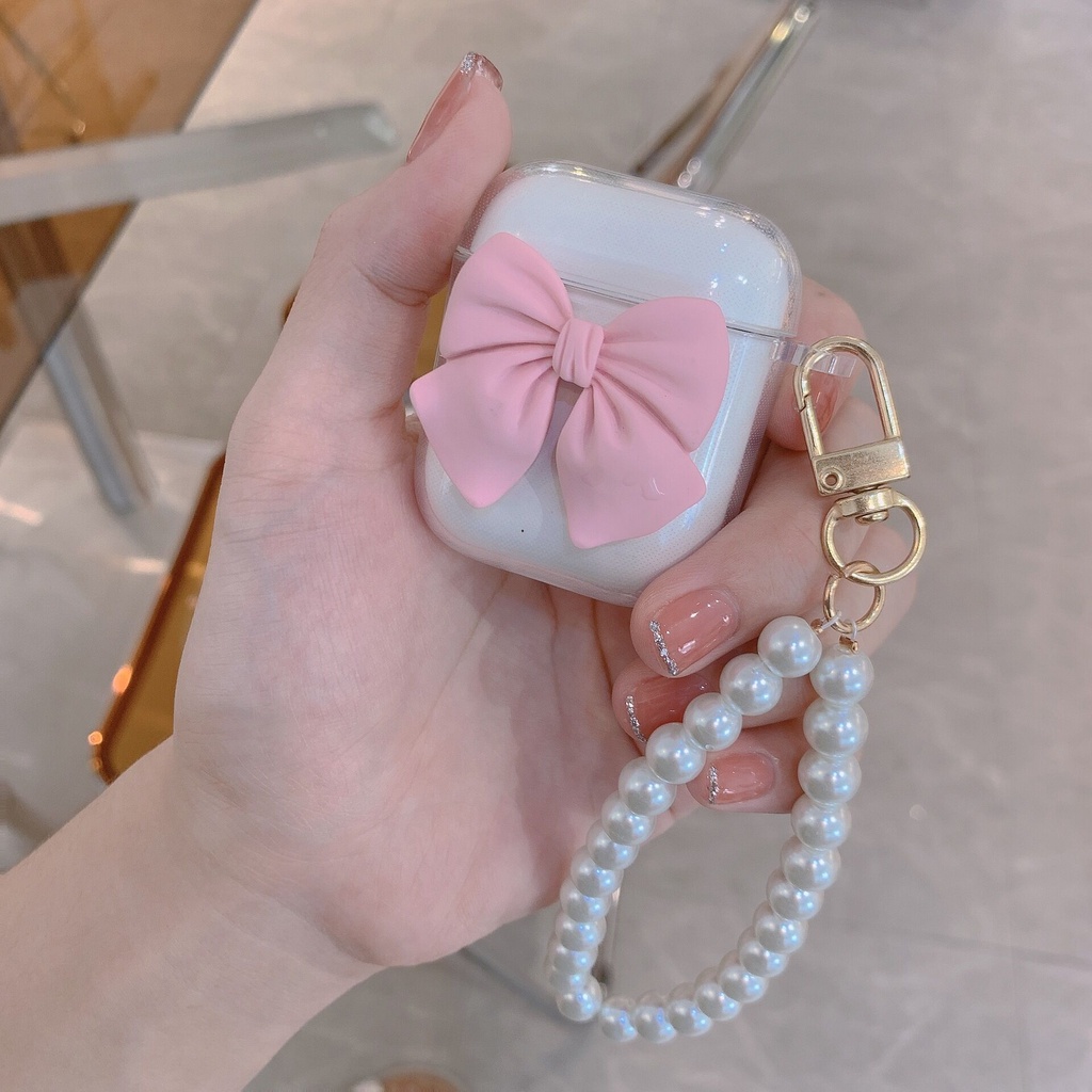 Vỏ bảo vệ tai nghe bluetooth Airpods bằng Sillicone dẻo, ốp Case cute, Airpods 2/pro - HÌNH NƠ CUTE CÓ DÂY CỰC XINH