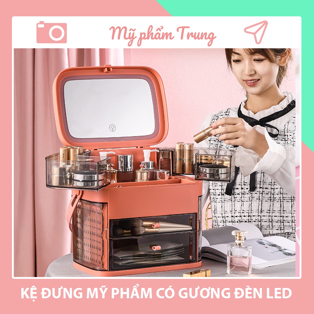 Hộp Đựng Mỹ Phẩm Để Bàn Có Gương Chống Bụi Cỡ Lớn Tiện Dụng, Chế Độ 3 Đèn Led Hiện Đại