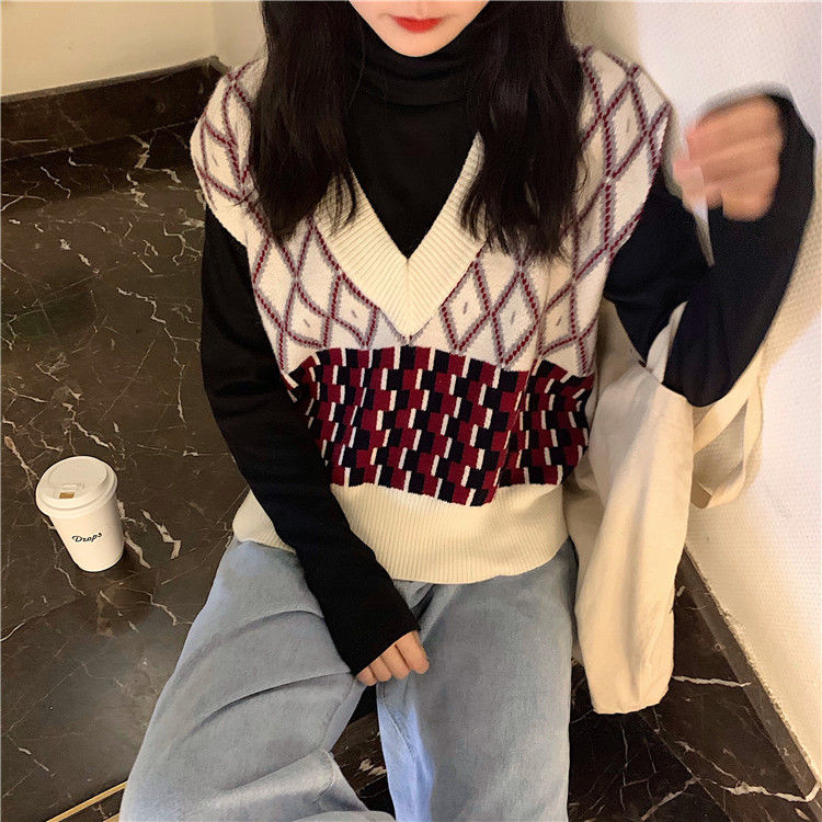 Áo gile vải len không tay màu sắc tương phản phong cách retro | BigBuy360 - bigbuy360.vn