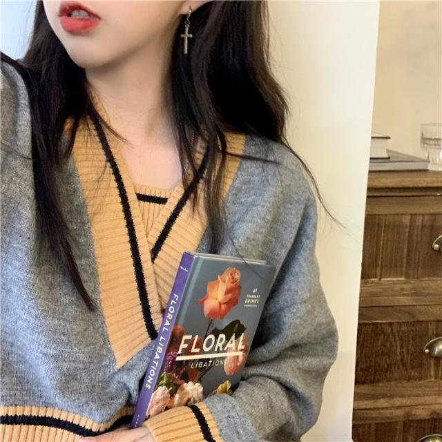 Áo sweater dệt kim cổ V dáng rộng phối màu kiểu Hàn Quốc xinh xắn cho nữ