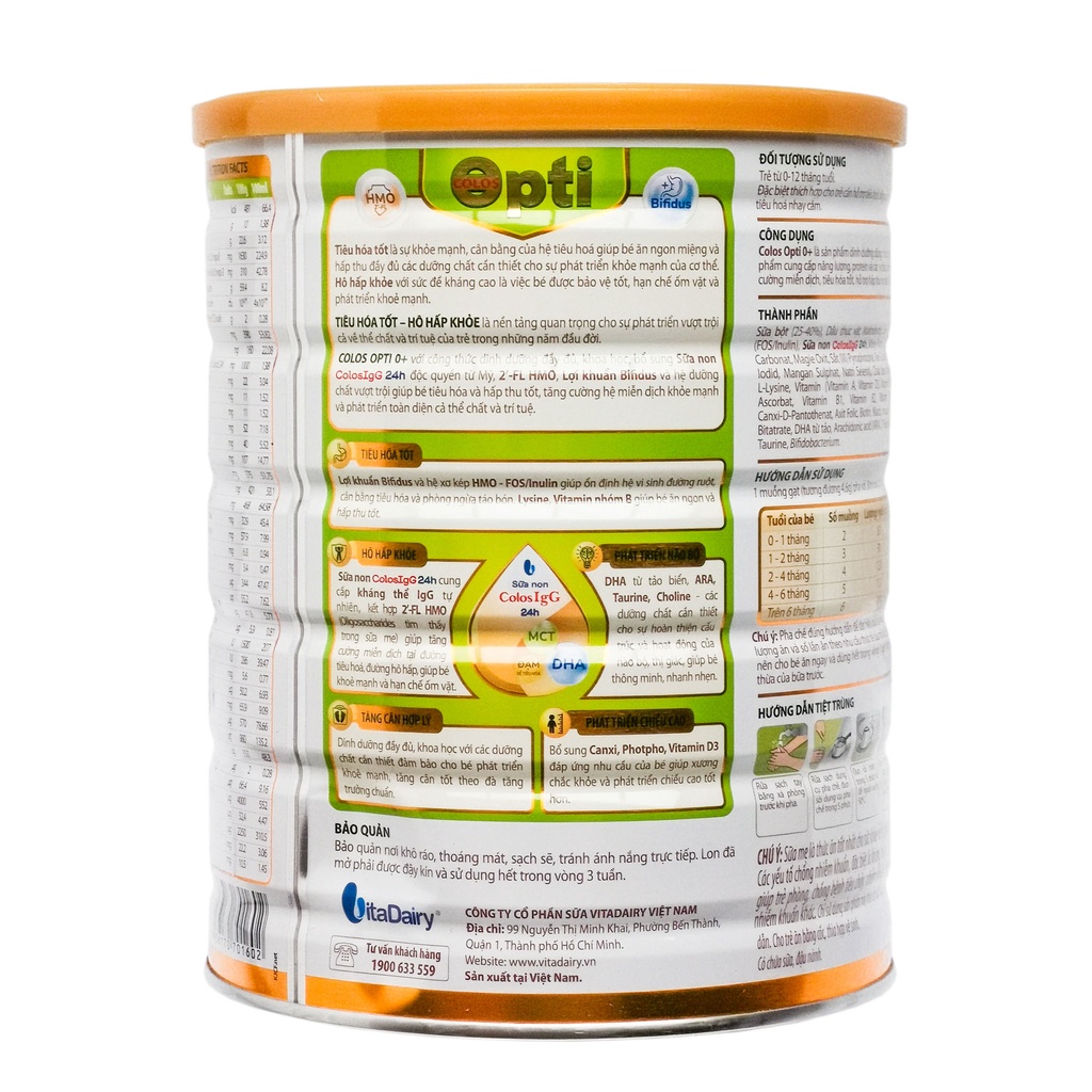 Sữa bột Vitadairy Colos Opti số 1+ hộp 800g tiêu hóa tốt, hô hấp khỏe,phát triển não bộ, chiều cao (1 tuổi trở lên)