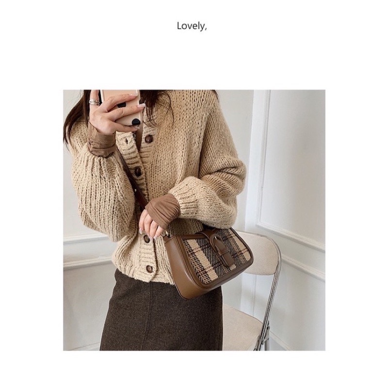 Túi Đeo Chéo Nữ Phối Thổ Cr, Túi Xách Nữ Dạ Kẻ Thời Trang Hàn Quốc