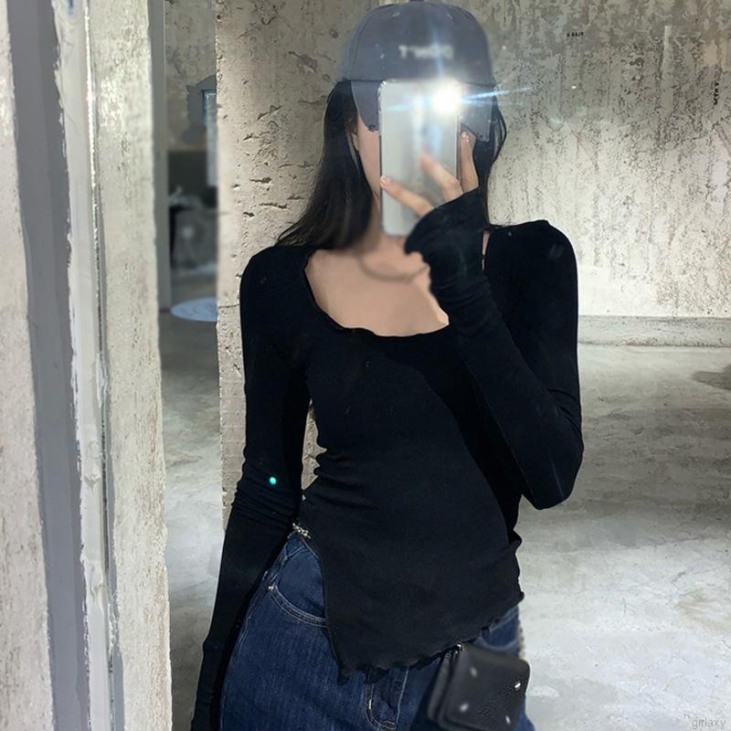 Áo thun tay dài màu trơn cổ tròn đơn giản phong cách Hàn Quốc