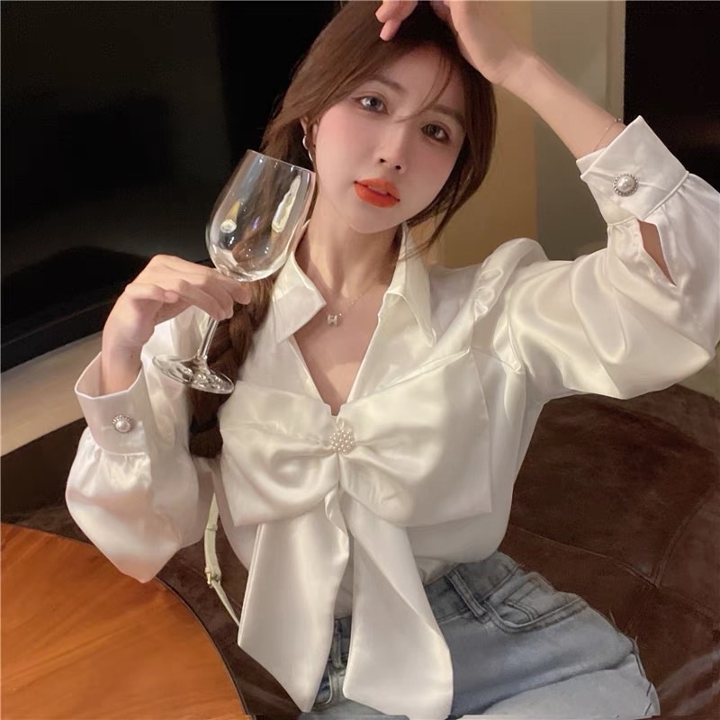 Áo sơmi tay dài nơ ngực phi bóng