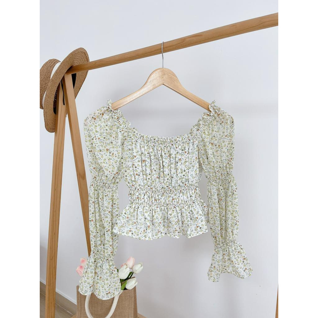 Áo Croptop Voan Hàn Tay Dài Hoa Nhí Vàng Chanh A01