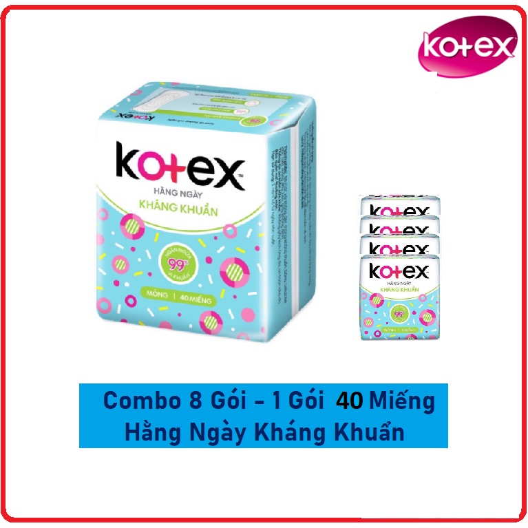 Combo Lốc 8 Gói Băng Vệ Sinh KOTEX Hằng Ngày Kháng Khuẩn Gói 8 Miếng &amp; 20 Miếng &amp; 40 Miếng