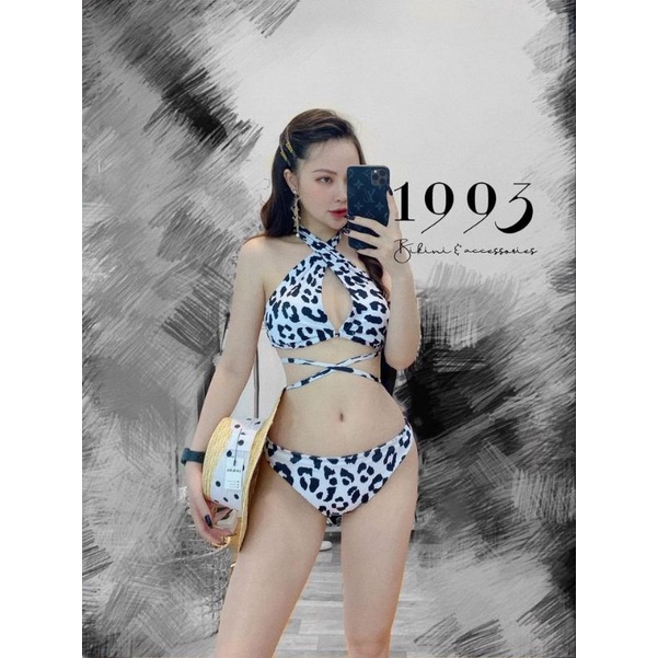 Bikini bộ bơi đồ đi biển nữ set 3 món họa tiết beo trắng đen EVA S3MBT