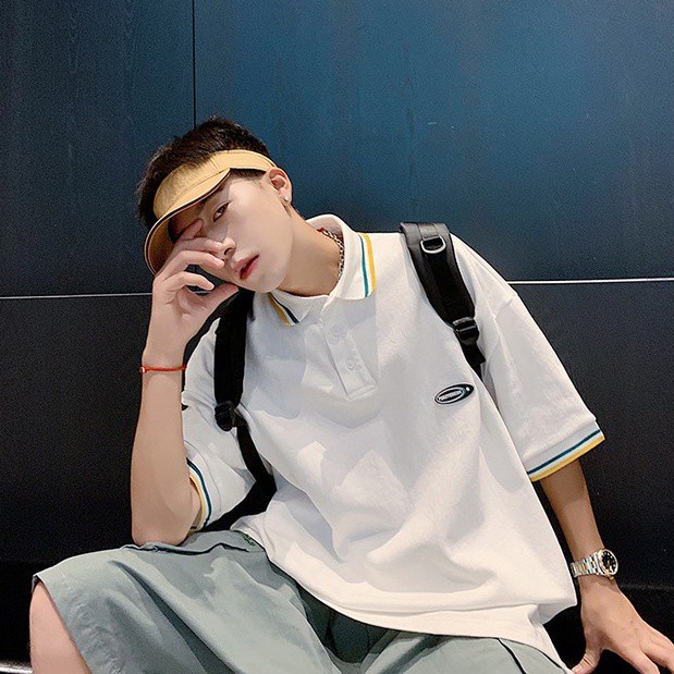 Áo thun polo ngắn tay dáng rộng kẻ sọc thời trang Hàn Quốc cho nam