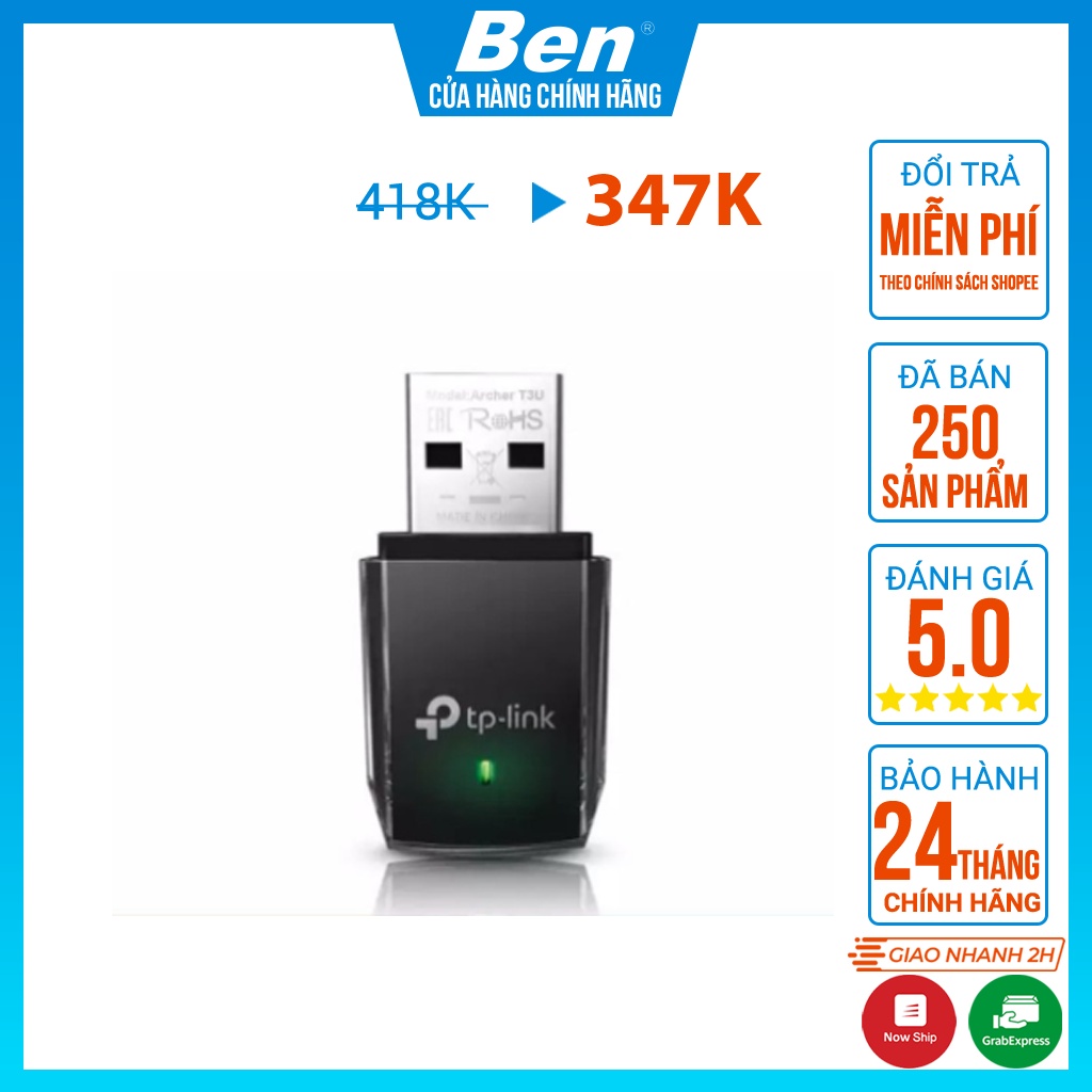 TPLink USB kết nối Wifi Băng tần kép Chuẩn AC1300 Mpbs Archer T3U