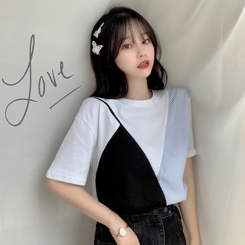 Áo thun SUXI tay ngắn cổ tròn kẻ sọc phong cách Hàn Quốc cho nữ