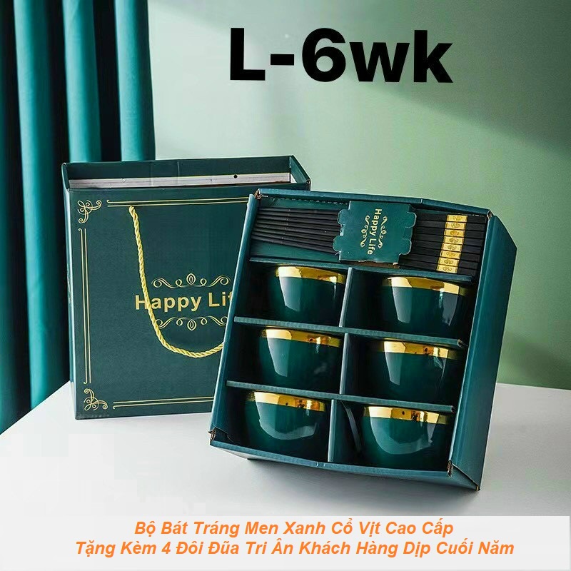 Bộ bát men sứ xanh cao cấp tặng kèm bộ đũa ăn khảm vàng