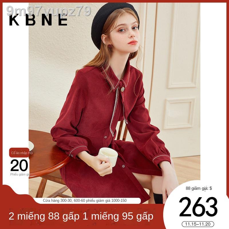 ( Sẵn)Váy nữ áo sơ mi đỏ kbne2021 mùa thu phong cách mới cổ điển dài tay tính khí nhẹ nhàng pháp