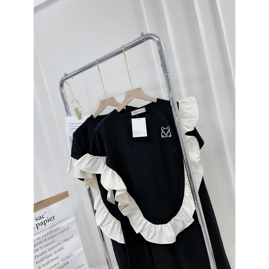 Đầm cotton phối bèo thêu hình chú sóc xinh xắn DN745
