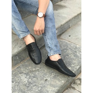 Giày Lười Nam Da Bò Vân Cá Sấu - Màu Đen